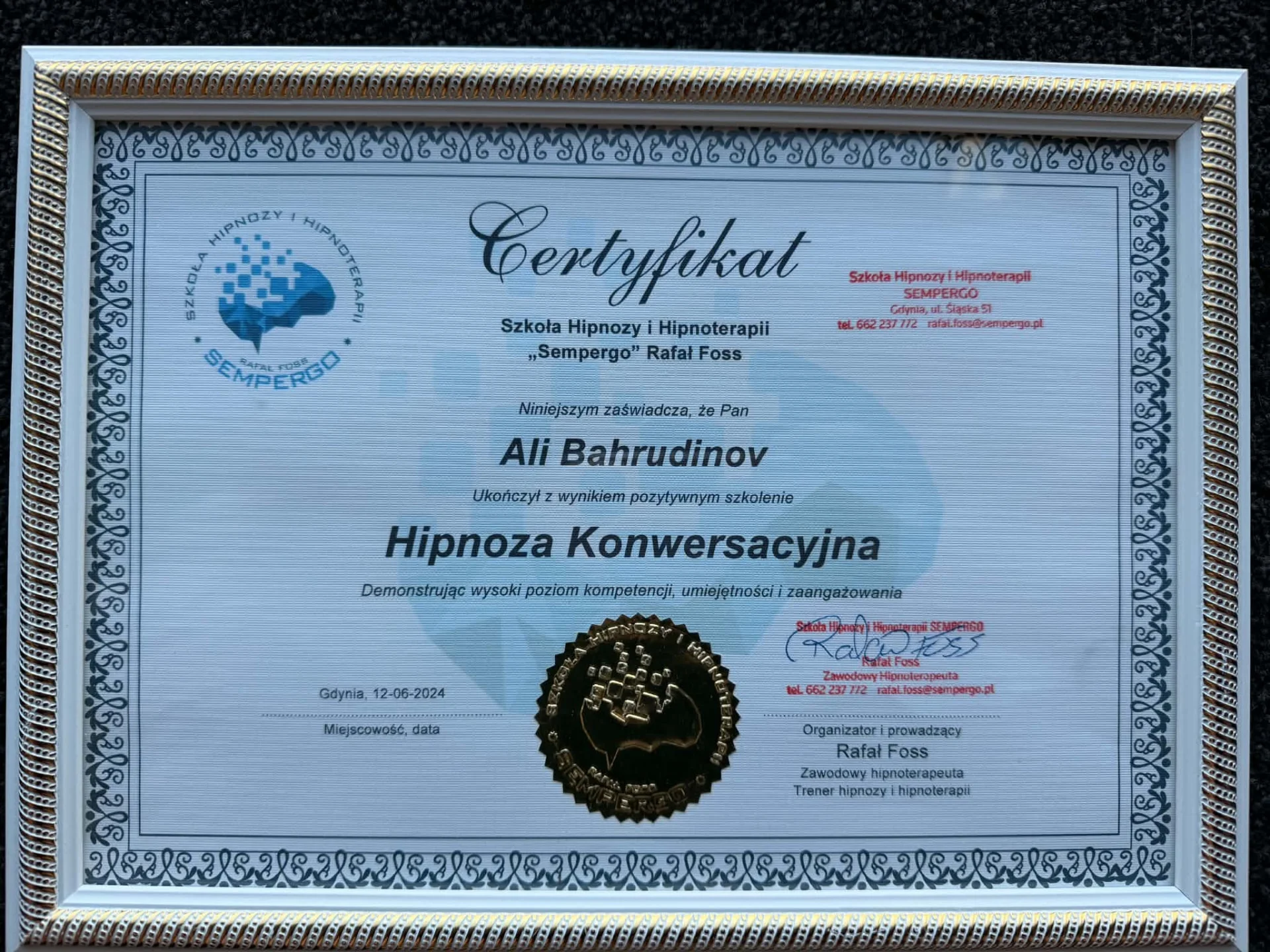 Dyplom Ali Bahrudinova — Hipnoza Konwersacyjna